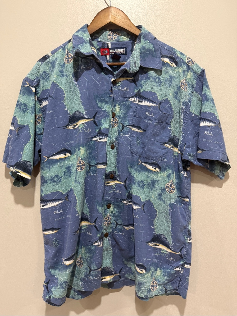 Reel Legends Men's Blue Short-Sleeve Fishing Print Shirt size L
